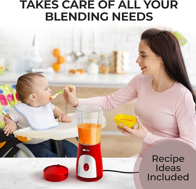 Mueller Heavy-Duty Personal Blender for Shakes and Smoothies with a 15 Oz Travel Cup and Lid, Juices, Baby Food, Portable Blender & Food Processor, Red