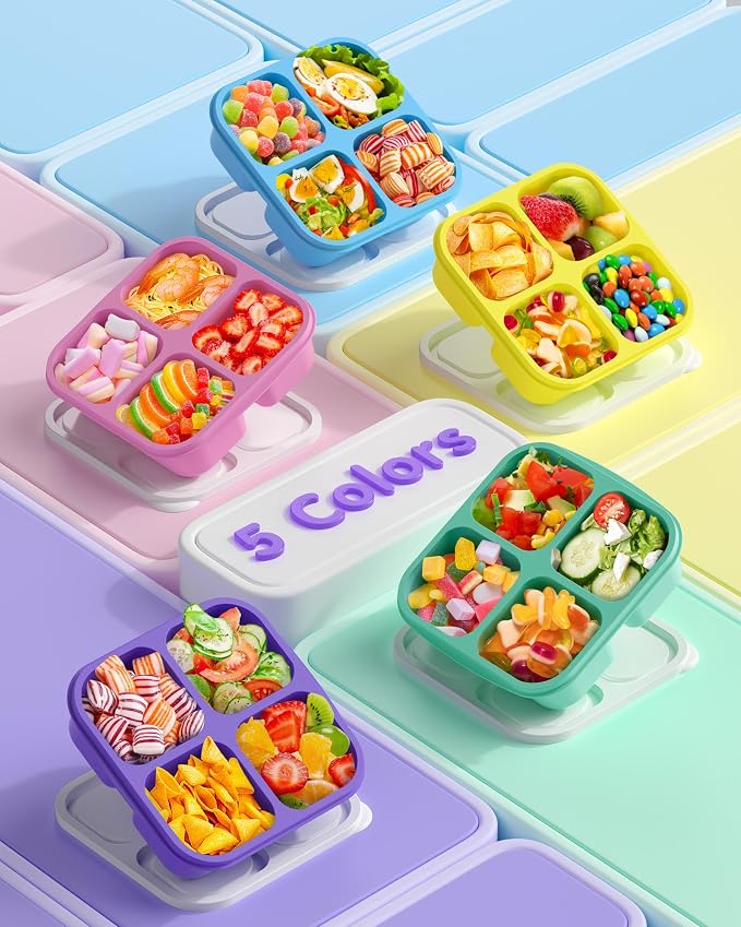 Canfanni 5 Pack Bento Snack Containers, 4 Compartment BPA-free Plastic Food Storage Containers, Divided Lunchable Container, Bento Lunch Box for Work and Travel