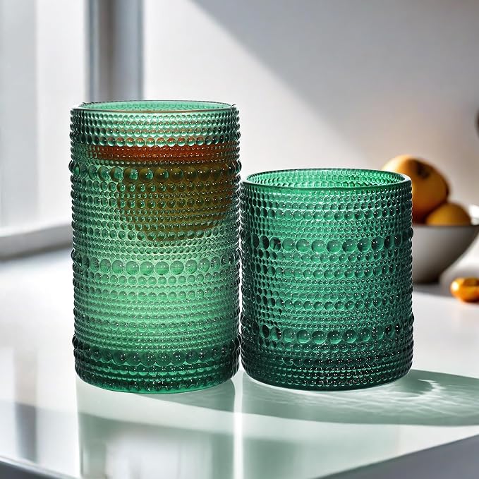 Vintage Hobnail Driinking Glasses Set, Glassware Drinking Set of 8, 12 oz Highball Glasses & 10 oz Cocktail Glasses, Tumbler Glasses for Cocktails, Whiskey, Juice, Milk, Blackish Green