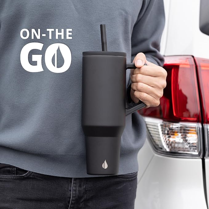 Elemental Spill Proof 40oz Insulated Tumbler with Handle & Straw Travel Mug | Stainless Steel Commuter Travel Coffee Mug for Cold Beverages, Includes 2 Straws & a Spill Proof Lid for Everyday Use