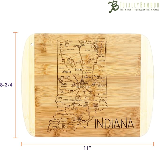 Totally Bamboo A Slice of Life Indiana Engraved Map Cutting Board | 11” x 8.75” charcuterie board with engraved state map artwork. Smooth reverse side for food prep. Hang tie for wall display.