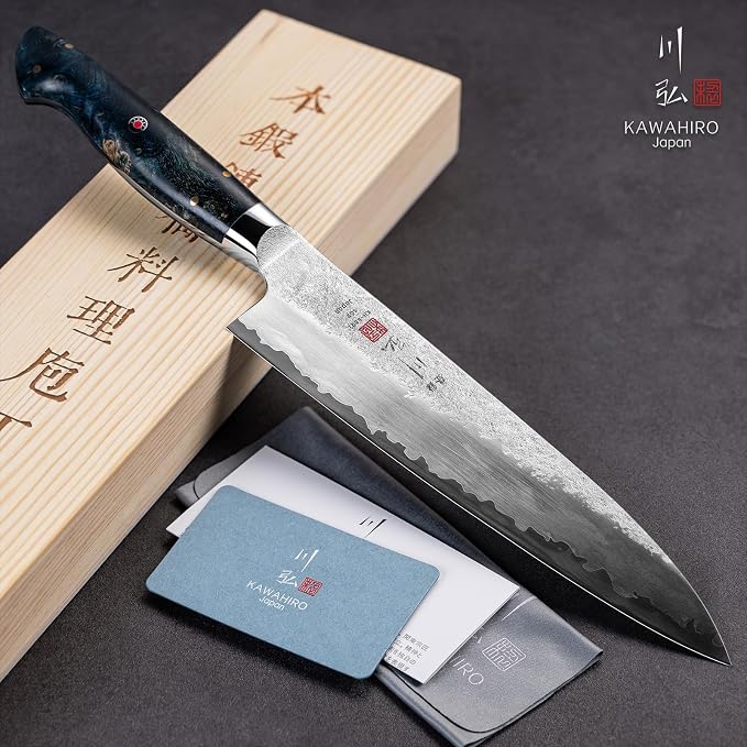 8.27" Japanese Chef Knife, SG2 Powder Steel Gyuto, Hand Forged | HRC 64 Ultra Hard, 3-Layer Steel, Stabilized Wood Handle, Perfect Balance for Professional Chef Knife Use, Gift Box