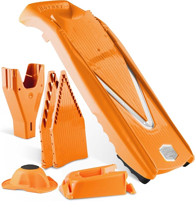 Börner Mandoline Slicer V5 (Professional Set) • Adjustable Vegetable Slicer (7-piece) • 10 Cutting Styles • Kitchen Slicer incl. Docking Station • Stainless Steel V-Blade • Color: Orange