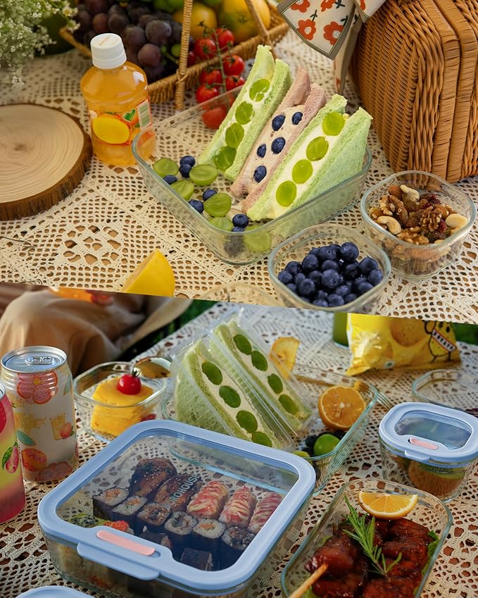 4-Pack Glass Food Storage Containers with Tempered Lids – Borosilicate, Airtight, Oven-Safe (-4°F~950°F), BPA-Free, 1Cup*2 & 2.3Cup*1 & 5.7Cup*1(Light blue)
