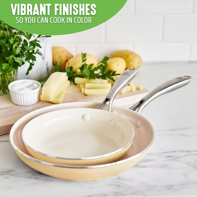GreenLife Artisan Healthy Ceramic Nonstick, 8" and 10" Frying Pan Skillet Set, Stainless Steel Handle, Induction, PFAS-Free, Dishwasher Safe, Oven Safe, Yellow