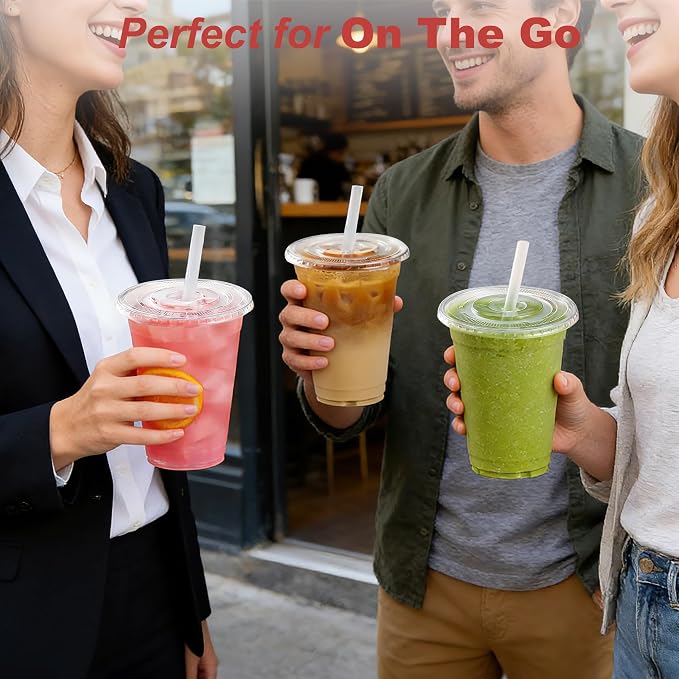 Ginkgo 100 Pack - 16 oz Clear Plastic Cups with Lids and Straws | Leak-Proof & Sturdy, Disposable Iced To Go Coffee Cups for Smoothie, Cold Beverages