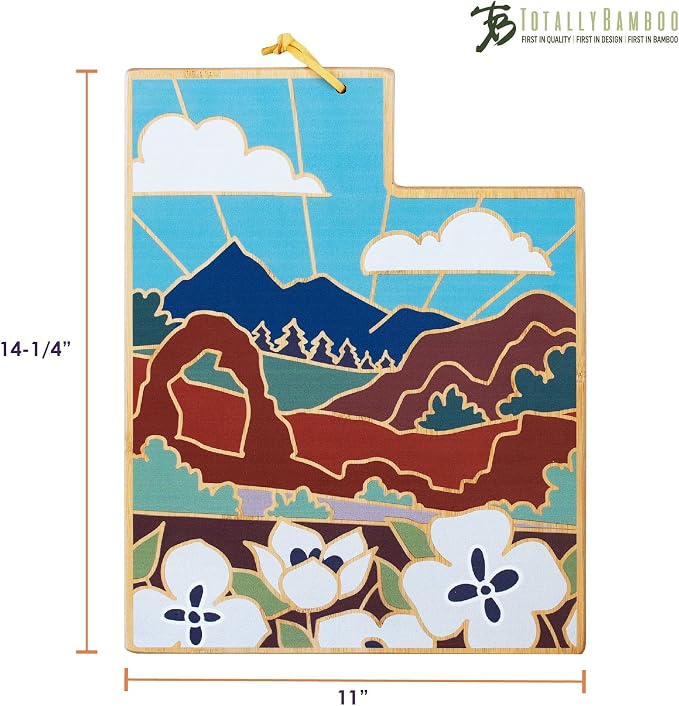 Totally Bamboo Utah State Shaped Cutting Board, Summer Stokes Art | State charcuterie board with colorful hand-drawn landscape art. Smooth reverse side for food prep. Hang tie for wall display.