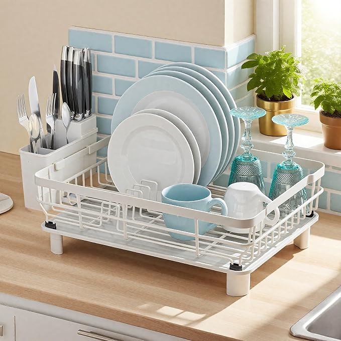 MOUKABAL Dish Drying Rack with Drainboard for Kitchen Counter, White | 13Ć17 Large Capacity/Rustproof Stainless Steel/Fast Drainage Dish Drainer/Removable Utensil Holder/Kitchen Counter Organizer