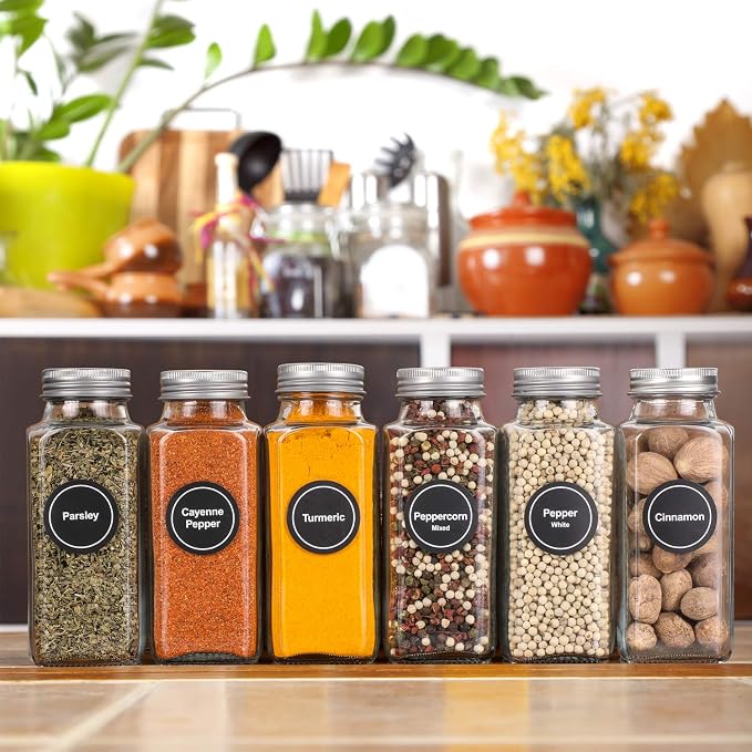 AOZITA 14 Pcs Glass Spice Jars with Spice Labels - 8oz Empty Square Spice Bottles - Shaker Lids and Airtight Metal Caps - Chalk Marker and Silicone Collapsible Funnel Included