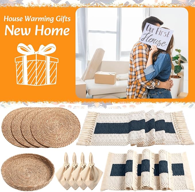 4 Sets Boho Decoration Placemats Round Woven Placemats, Cloth Napkins, Wood Bead Napkin Rings, Long Table Runner and Farmhouse Burlap Cotton for Table Kitchen (Blue,12x72)