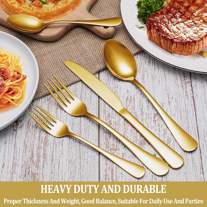 30 Pcs Gold Silverware Set Service for 6, Premium Stainless Steel Flatware Set, Cutlery Utensil Set, Durable Home Kitchen Eating Tableware Set, Include Fork Knife Spoon Set, Dishwasher Safe