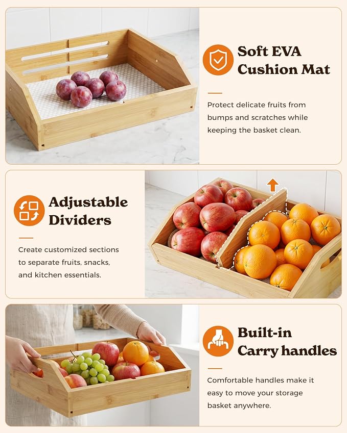 3-Tier Bamboo Fruit Basket with 2 Banana Holders | Large tiered organizer for bread, snacks, veggies. Sturdy bamboo, includes mats & dividers. Easy to assemble.
