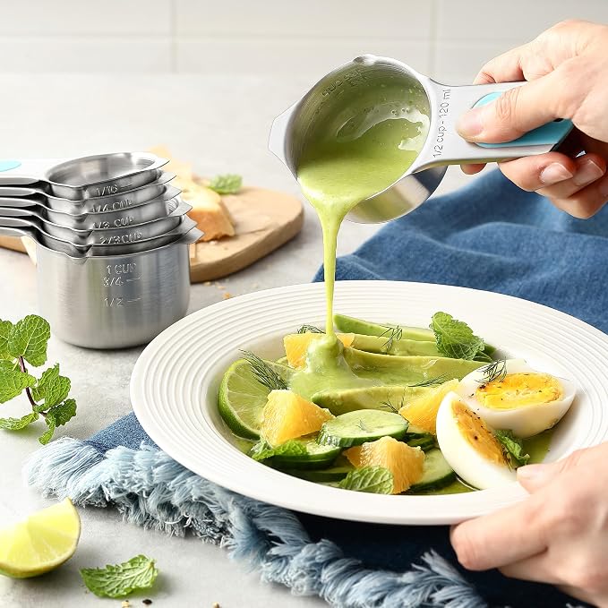 Spring Chef Magnetic Measuring Cups & Spoons Set of 16, Patented, Aqua Sky | Stackable Stainless Steel Measuring Cups & Heavy Duty Metal Measuring Spoons with Levelers for Dry & Liquid Ingredients