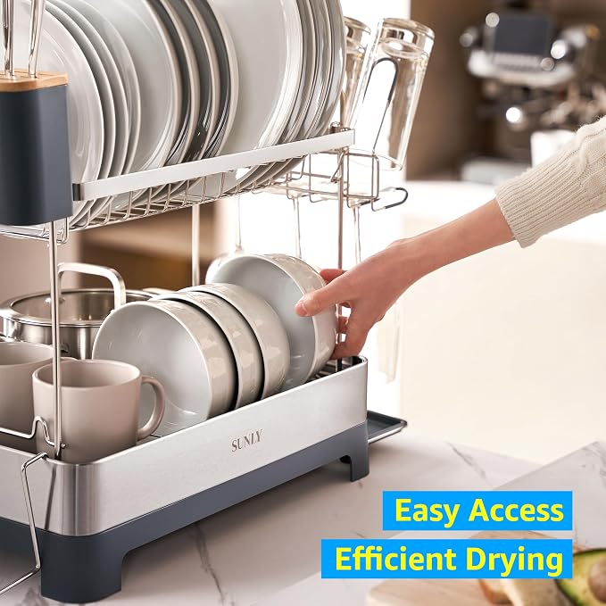 Large Dish Drying Rack, Multipurpose 2 Tier Dish Racks for Kitchen Counter, 304 Stainless, Extra Large Drain Board, Gray