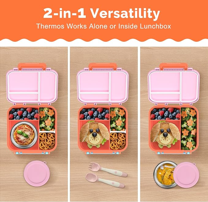 Kids Bento Lunch Box with Soup Thermo (9oz)– Hot & Cold Lunch Container with Leak Proof Insulated Food Jar for School Girls Boys, Ideal Size for Ages 3 to 7, Pink/Orange
