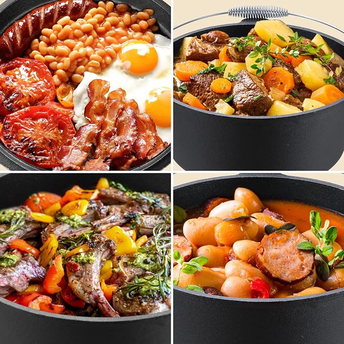 TLGREEN Cast Iron Dutch Oven 5.1QT Pot 1.9QT Skillet Lid Silicone Holders | Cast Iron Skillets, Heat Resistant Stand Included, Fits All Heat Sources for Outdoor Camping, Safe for Long High Temp Cooking