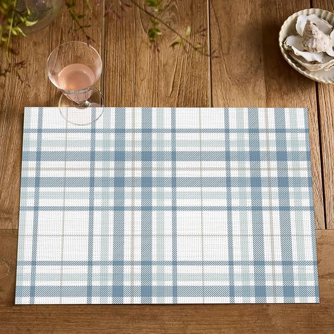 Artoid Mode Buffalo Plaid Vinyl Placemats Set of 4, 12x18 Inch Washable Non-Slip Heat Resistant Plastic Place Mats for Party Dining Table, White/Blue
