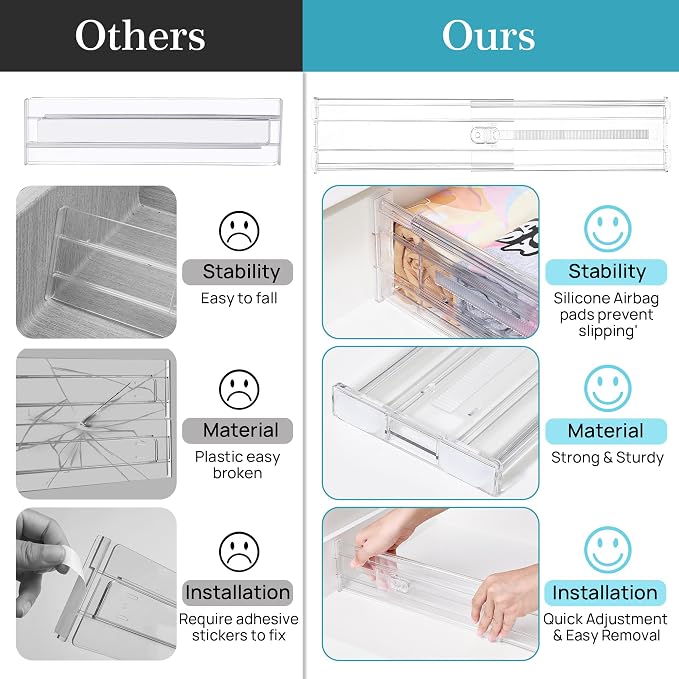 Vtopmart 4" Regular Upgrade Drawer Dividers for Clothes, 12.8"-22.3" 4 Pack | Expandable Dresser Drawer Organizer, Clear Separator, Baby Clothing, Underwear, Cosmetics, Toiletries Storage, Space Saving