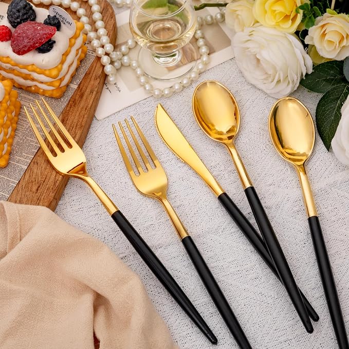 SUT Gold Plastic Silverware (160Pcs) Forks and Spoons Disposable, 80 Plastic Forks, 40 Knives, 40 Spoons, Black and Gold Utensils Set Disposable for Parties, Weddings