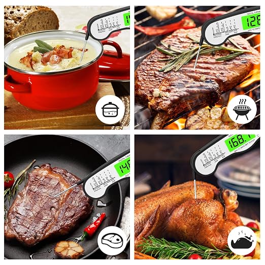 AWLKIM Meat Thermometer Digital, Instant Read Food Thermometer, Black | Waterproof cooking thermometer with doneness chart, backlight, F/C switch for BBQ, candy, oil