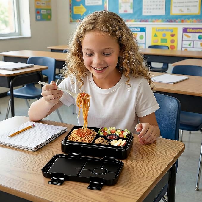 Bento Lunch Box for Kids, 5/6 Compartments, 3 Cups, Black | 5/6 Compartments, 3 Cups, BPA Free, Dishwasher Safe, for Kids, Back to School, On-the-Go Meal, Ages 3+, School