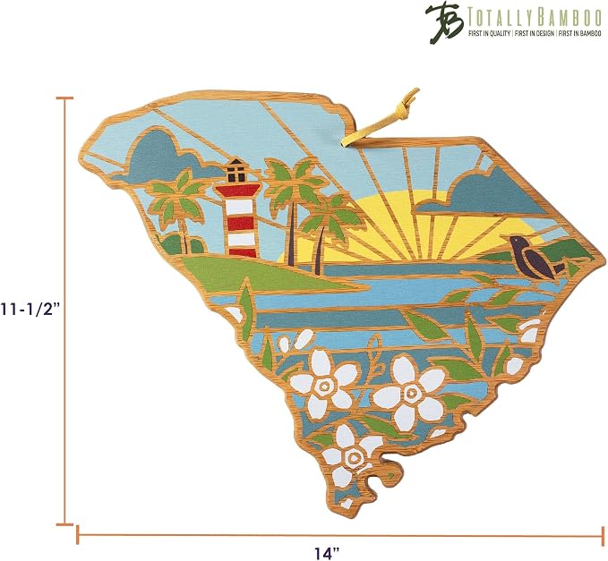 Totally Bamboo South Carolina State Shaped Cutting Board, Summer Stokes Art | State charcuterie board with colorful hand-drawn landscape art. Smooth reverse side for food prep. Hang tie for wall display.