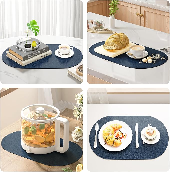 DOLOPL Oval Placemats Set of 6, Navy Blue Faux Leather Table Place Mats | Reversible, Wipeable & Washable, Heat Resistant, Waterproof, 17"x11.8", Modern Neutral Style for Kitchen, Dining Table