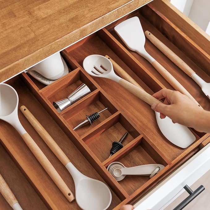 Utensil & Junk Drawer Organizer, 16-28 in, Acacia | Food-safe contract grade, 100% sustainable wood, non-slip, adjustable