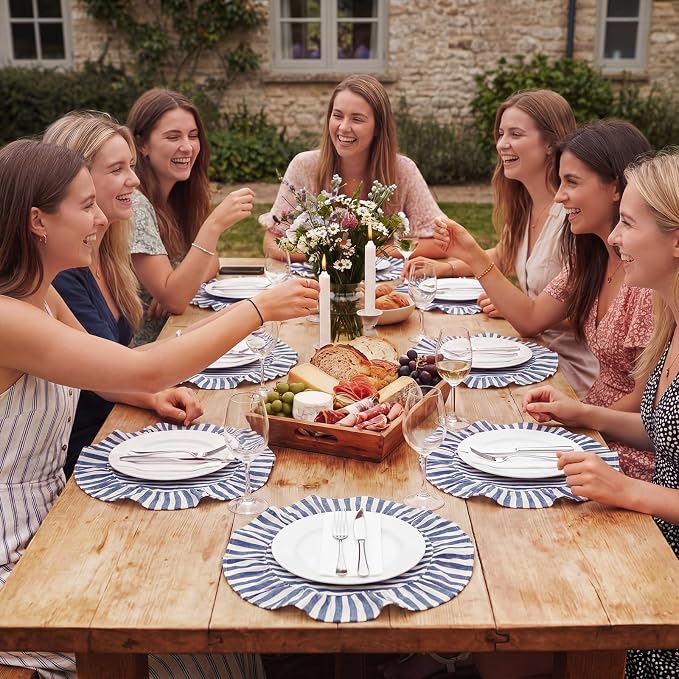Set of 6 Blue and White Placemats Round Costal Striped Ruffled Table Placemats 15 Inch Cloth Vintage Farmhouse Boho Circle Mat for Summer Birthday Beach Party Table Decorations