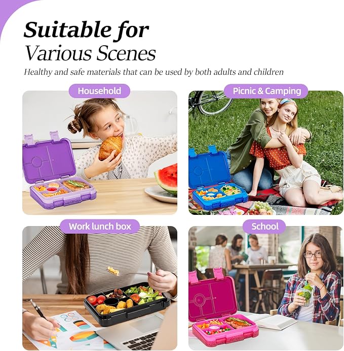 Bento Lunch Box, Snack Bento Lunch Containers Boxes, Shiny Purple | 5/6 Compartments, 3 Cups BPA Free, Dishwasher Safe, for Kids, Back to School, On-the-Go Meal, Ages 3+, School