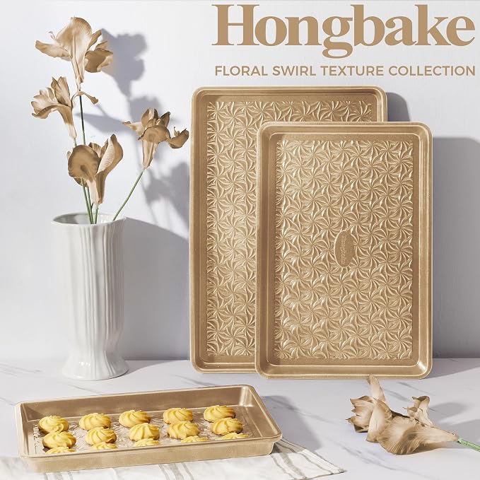 Nonstick Baking Sheet Pan Set of 3, Cookie Sheets for Oven, Non-Toxic Half/Quarter/Jelly Roll Pans with Floral Swirl Texture, Heavy Duty 0.8mm Thick Oven Trays for Cooking, Antique Gold