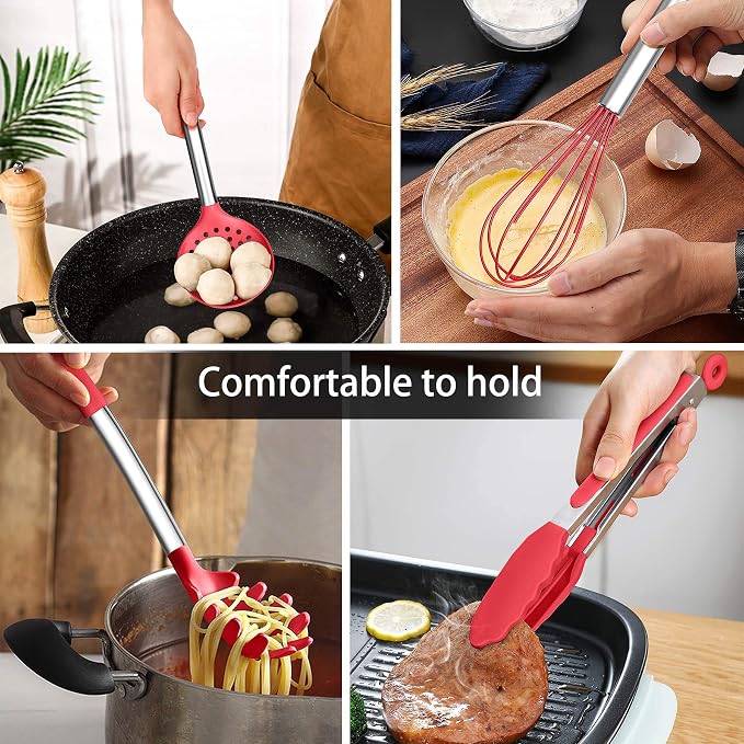 LIANYU 15-Piece Cooking Kitchen Utensils Set with Holder | Silicone Kitchen Tools Stainless Steel Handle, Slotted Spatula Spoon Turner Tong Whisk Brush for Cooking, Red