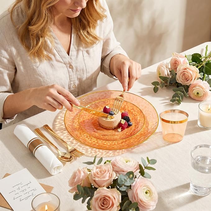 Rubtlamp 700Pcs Orange Gold Plastic Dinnerware Set, Hammered Clear Gold Plates, Fancy Plastic Plates Include 100 Dinner Platos, 100 Salad Platos, 100 Cups, 100 Pack Pre Rolled gold plastic Silverware