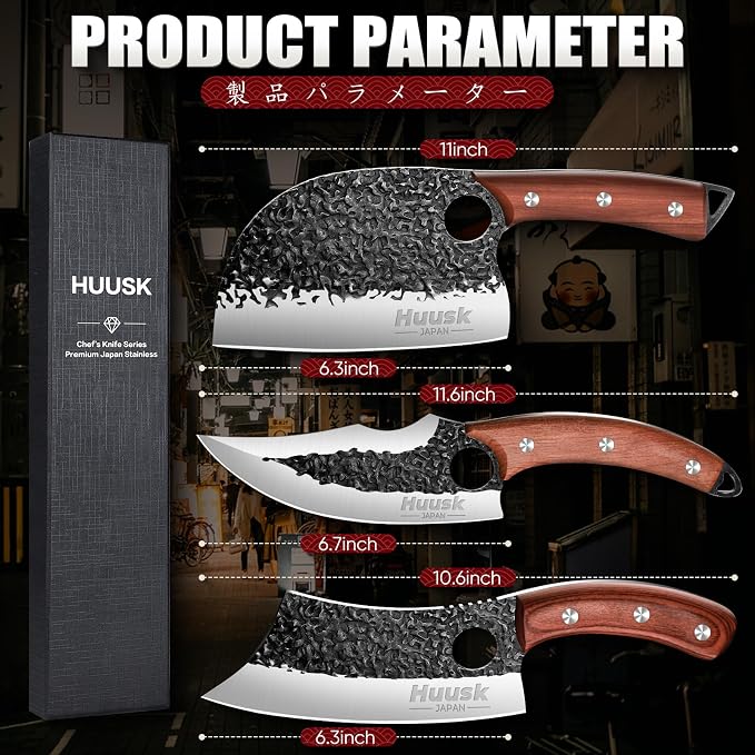 Huusk Kitchen Knife Set - Hand Forged Viking Chef Knives for Meat, Men Gift | Japanese High Carbon Steel Hand Forged, Butcher, Cleaver, Boning, Serbian Chef Knife, Rosewood Handle, for Home & Outdoor BBQ