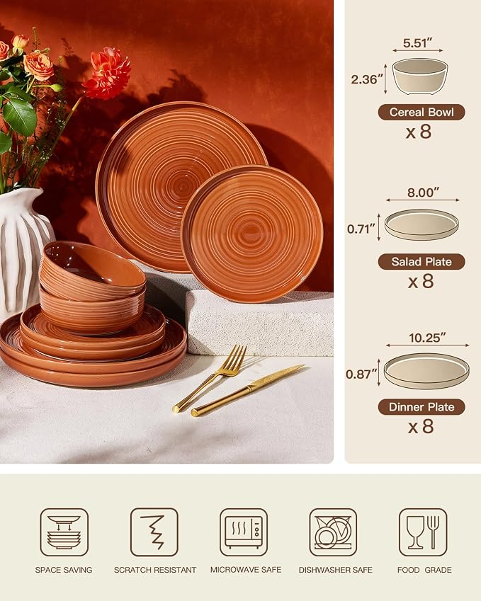 Dinnerware Set for 8, Ceramic Plates and Bowls, Terracotta | 24-Piece Ceramic Speckled Spiral Dishes, Chip & Scratch Resistant, Microwave & Dishwasher Safe, Everyday Use, Farmhouse Style
