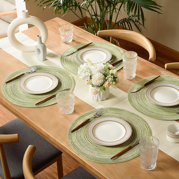 FunWheat Round Braided Placemats Set of 8 Place mats for Dining Tables Woven Heat Resistant Table Mats 15 inch(E Light Green, 8pcs)