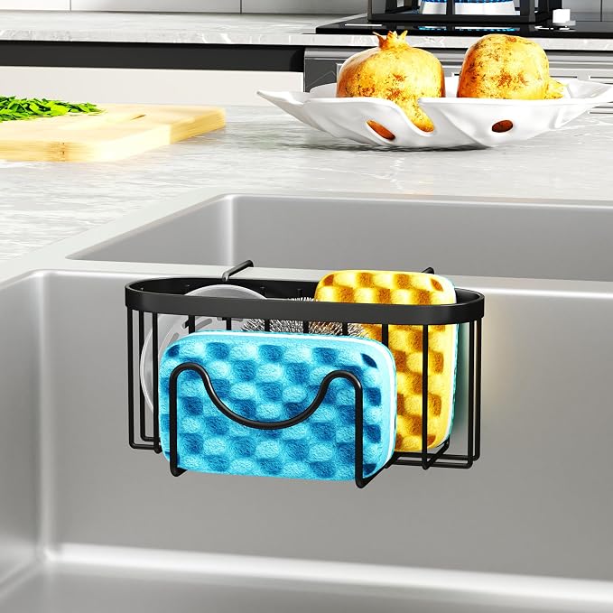 HapiRm Sponge Holder for Kitchen Sink - Rustproof Hanging Kitchen Caddy for Double-Bowl Sink, Center Divider width less than 1.5in- Black