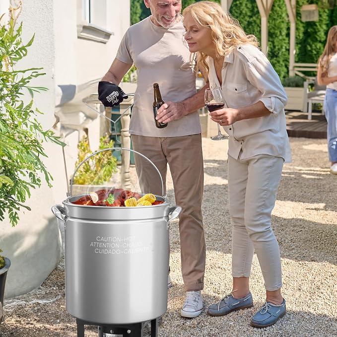 Bonnlo 82QT Stainless Steel Stock Pot for Boiling Seafood, Crawfish lobster & Crab, Frying Turkey & Steaming Tamales, Large Boil Pot with Steamer Basket, Lid, Lifting Hook for Outdoor Cooking Party