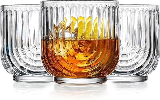 Glaver's Vintage Glassware Art Deco Glasse Ribbed Drinking Glasses U-Shape Arch Design Colored Cocktail Kitchen Tumblers Everyday Dinner Decorative Party (Clear S/4 11oz)