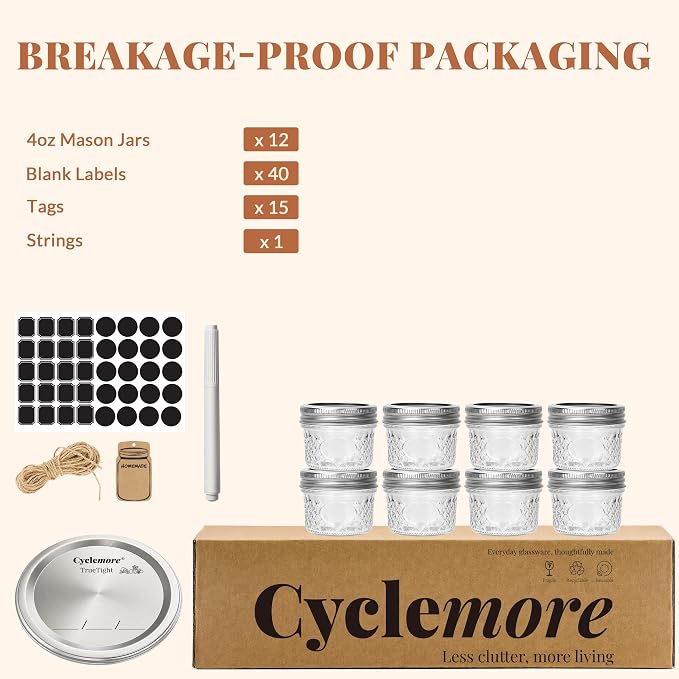CycleMore Mason Jars 4 oz, 12 Pack Diamond Mini Glass Jars with Printed Silver Split Lids, Small Canning Jars for Caviar, Jam, Honey, Jelly, Wedding Favors and Gifts