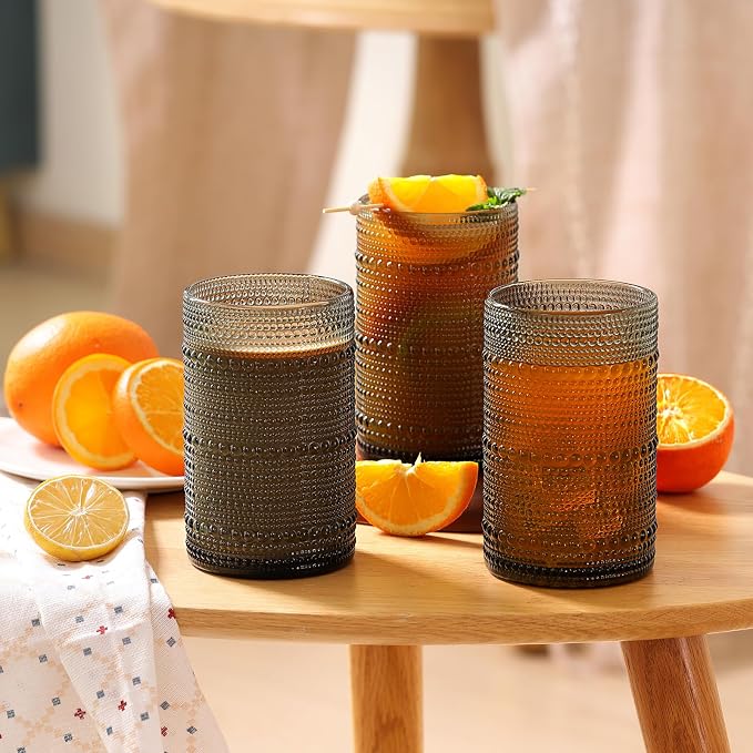 Moretoes 12 Oz Gray Hobnail Drinking Glasses Set of 6 Water Glass Cups | Highball Glasses Embossed Boho Kitchen Bar Tumbler Glassware Set for Whiskey, Beer, Juice, Milk and Various Mixed Drinks