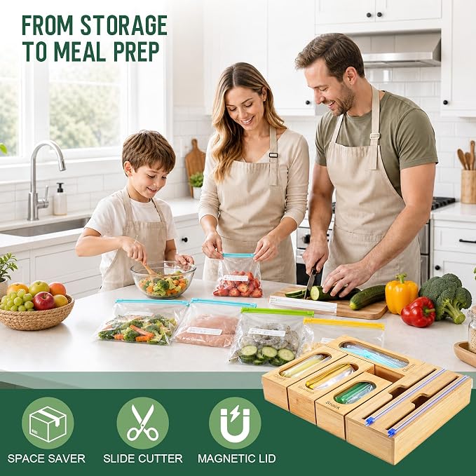 Reclosable Poly Bag Organizer for Kitchen Drawer, 5-Slot | Bamboo, 5 Independent Boxes, Slide Cutter, Magnetic Lid, Space-Saving Drawer Organizer