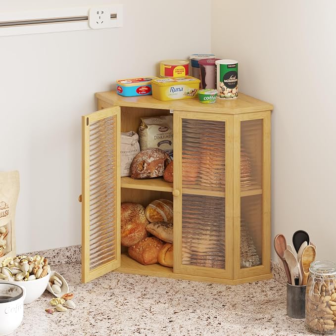 Extra Large Corner Bread Box for Kitchen Countertop, 16.5 inch Bamboo Double Layer Bread Storage with Glass Wavy Door Panel, Eco-Friendly and Stylish Design(Bamboo)