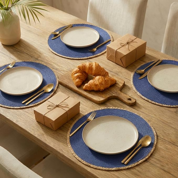 Round Placemats Set of 6, Woven Table Mats, Thin Edge, Navy Blue | Braided Paper Edge, 15 Inch Diameter, Fits Dinner Plate and Flatware, Wipeable, Heat Resistant, Indoor Dining, Outdoor Patio