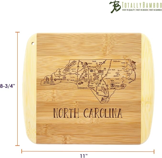 Totally Bamboo A Slice of Life North Carolina Engraved Map Cutting Board | 11” x 8.75” charcuterie board with engraved state map artwork. Smooth reverse side for food prep. Hang tie for wall display.