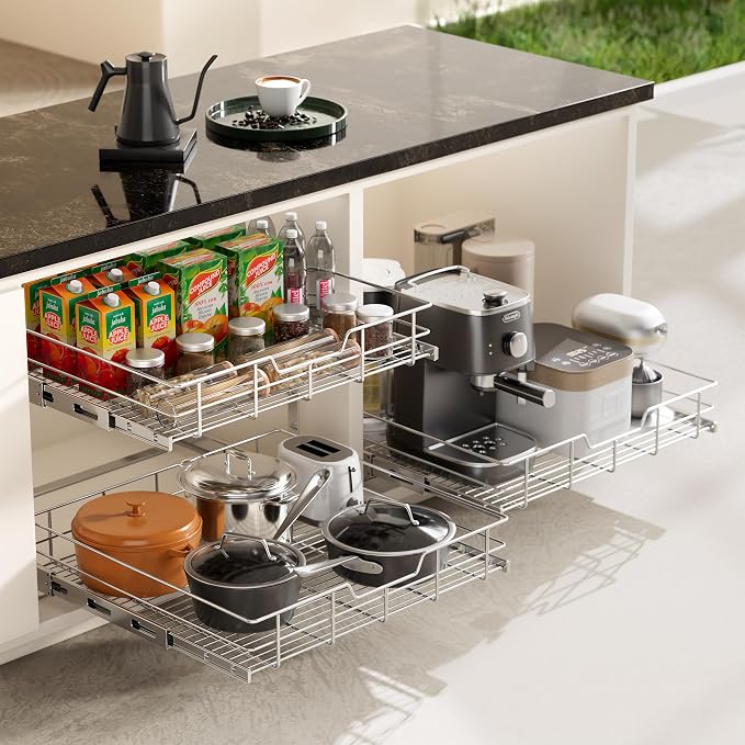 2 Tier Pull Out Cabinet Organizer 21" W X 22" D, Chromed, Full Slide Out | For Kitchen Organizers and Storage, Pull Out Drawers For Cabinets Capacity Heavy Duty Caddy, Cabinet Shelves, Bathroom Pantry