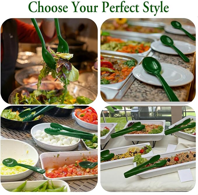 24 Pcs Green Plastic Serving Utensils Set - Heavy Duty Disposable Serving Spoons, Forks & Tongs (8 of Each) - Natural Catering Supplies for Salad Bars, Picnics, Garden Parties & Healthy Themed Events
