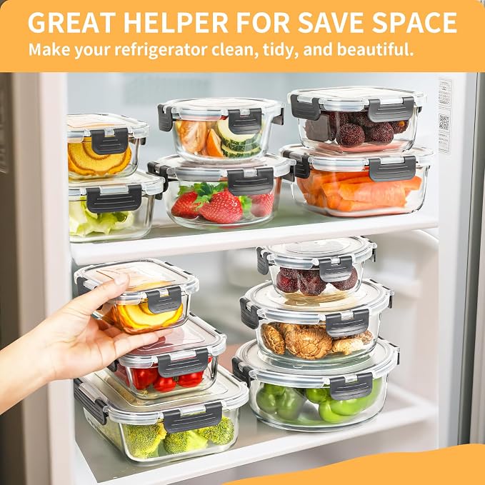 Skroam 30 Pcs Glass Meal Prep Containers, Food Storage Containers with Lids | Lunch Containers, Microwave, Oven, Freezer and Dishwasher Safe, Borosilicate Glass, Airtight & Leakproof, Organize with Ease