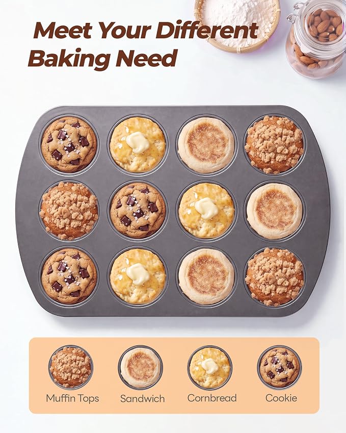Bake Choice Muffin Top Pan, 12 Cavity Baking Pan for Muffin Tops, Non-Stick | Cupcake Pan, Perfect for Egg Bites, Cookies & Whoopie Pies, 11 x 16 Inch,Carbon Steel Baking Supplies