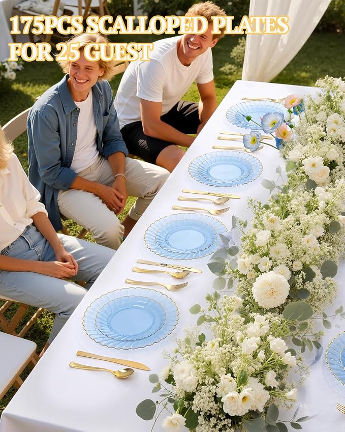 YOUBET 175PCS Clear Blue Scalloped Plastic Plates for Party Wedding | Blue and Gold Disposable Dinnerware Set Include 50 Plates, 75 Gold Silverware, 25 Cups, 25 Napkins for Baby Shower